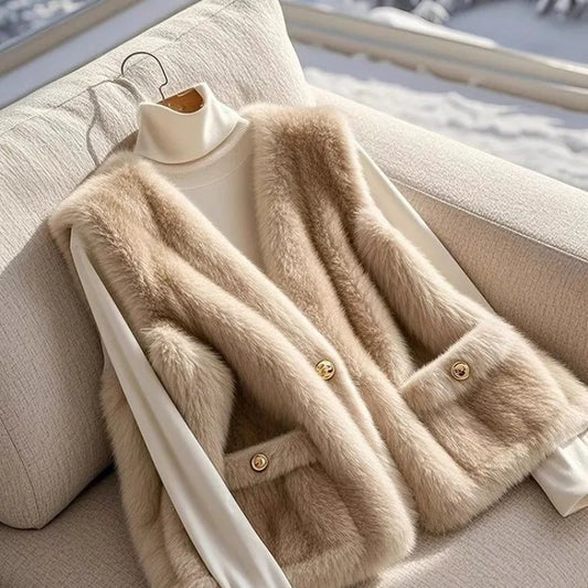 Women Faux Lamb's Wool Fur Vest New Autumn Winter Soft Warm Imitation Mink Sleeveless Fur Jacket Lady V-Neck Casual Waistcoat