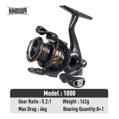 Kingdom Micro Fly Pro Fishing Spinning Reel Ultra Light 8+1 Sealed Bearings 160g 8KG Max Drag 5.2:1 Gear Ratio Fishing Reel