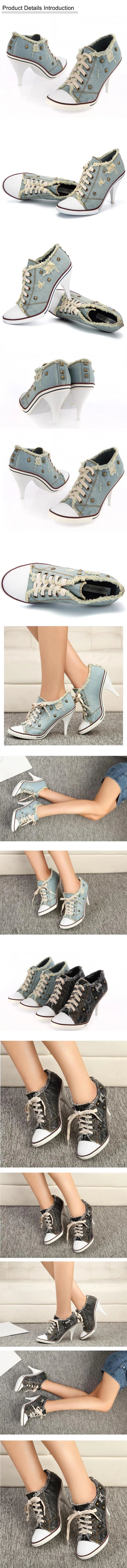 2024 New High-heeled Boots Women Canvas Shoes Denim Rivets Ladies Stilettos Lace-Up Thin Heel Casual Shoes Sexy Zapatos Mujer