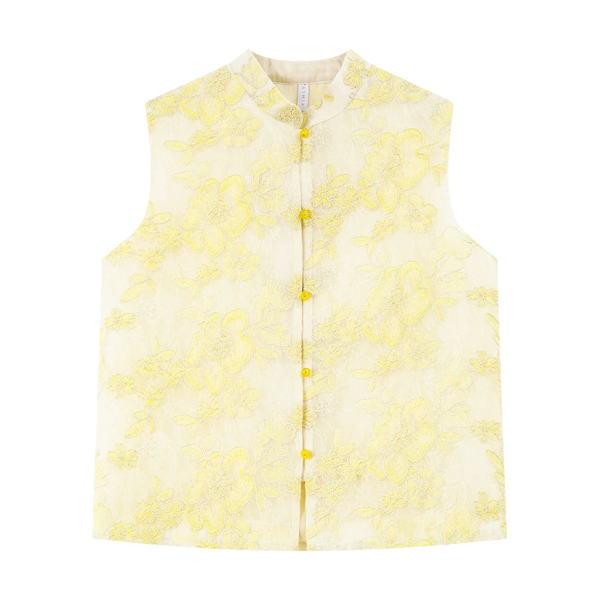 VIMLY Women's Vest 2026 Summer Casual Yellow Floral Embroidery Stand Collar New Chinese Style Sleeveless Jacket Ladies A5251