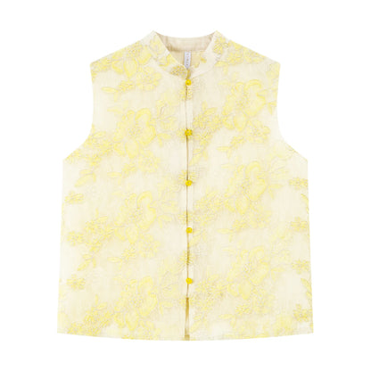VIMLY Women's Vest 2026 Summer Casual Yellow Floral Embroidery Stand Collar New Chinese Style Sleeveless Jacket Ladies A5251