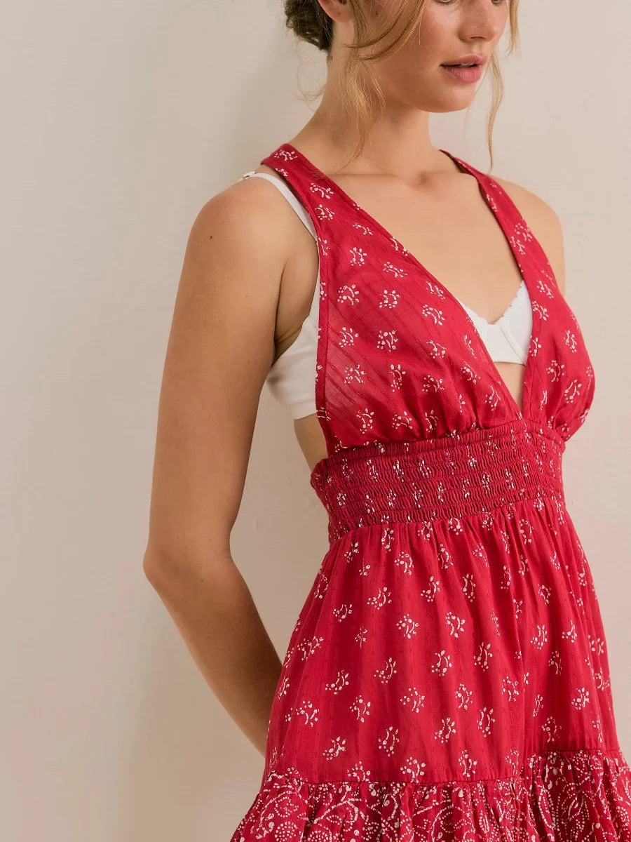 Women Summer Boho Floral Halter Mini Dress Deep V neck  Flowy Short Sling Dress Sleeveless Low Cut Holiday Sundress