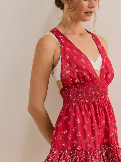 Women Summer Boho Floral Halter Mini Dress Deep V neck  Flowy Short Sling Dress Sleeveless Low Cut Holiday Sundress