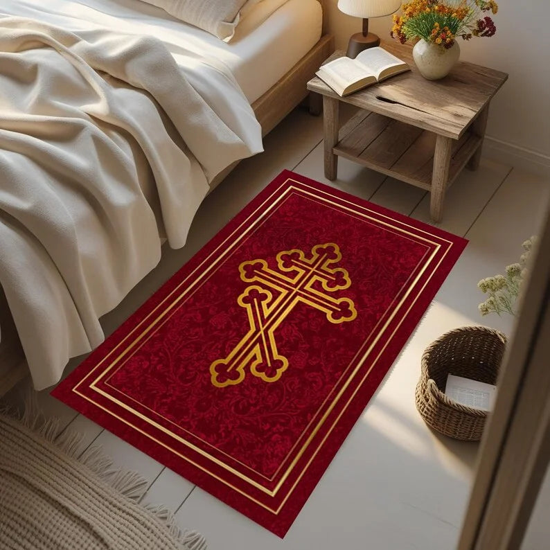 Classical Greek Key Orthodox Cross Area Rug | Christian Prayer Mat  Rugs for Bedroom Home Carpets Bedroom Decor Area Rug