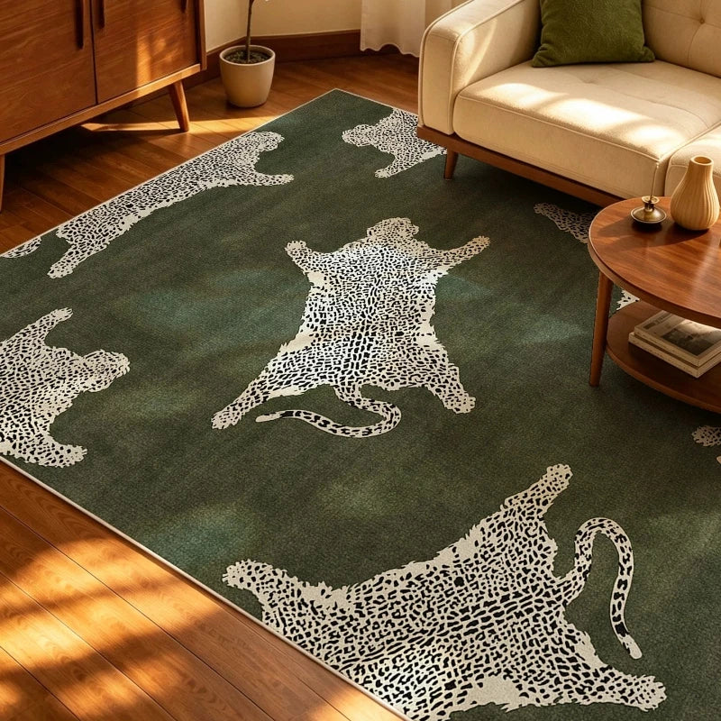 Large Area Bedroom Decor Green Carpet Retro Style Rugs for Bedroom Washable Lounge Leopard Print Floor Mat Anti-slip Bedside Rug