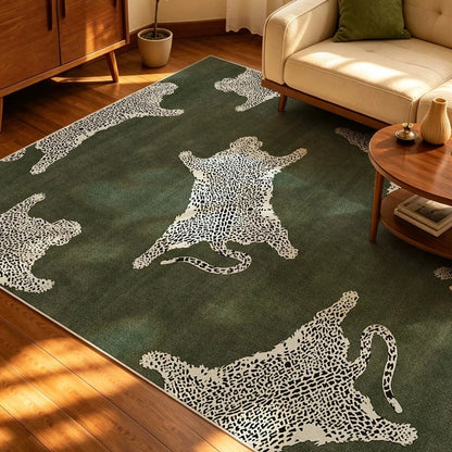 Large Area Bedroom Decor Green Carpet Retro Style Rugs for Bedroom Washable Lounge Leopard Print Floor Mat Anti-slip Bedside Rug
