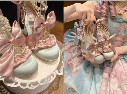 Sweet Lolita Women High Heels Luxury Designer Court Style Velour Bowknot Princess Dress Shoes Elegant