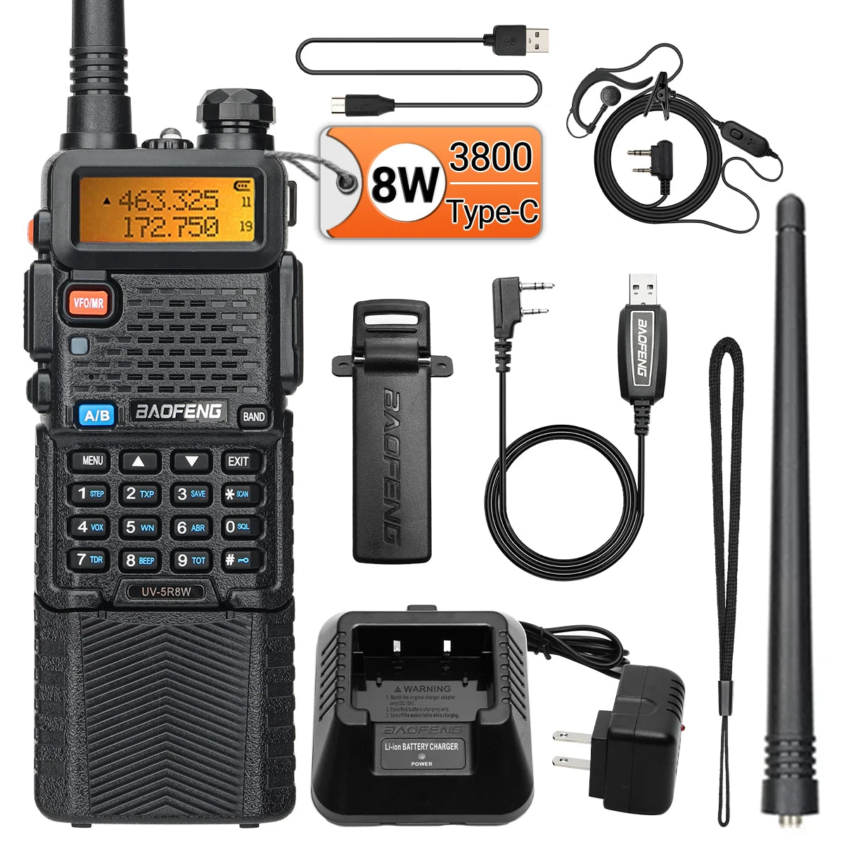 Baofeng UV-5R 8W Long Range Walkie Talkie 3800mAh Type-c Ham Amateur Communication Two Way Radio for Adults Camping