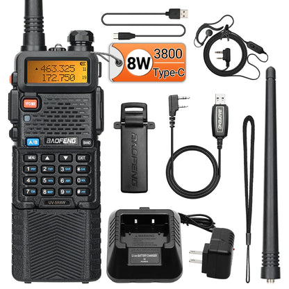 Baofeng UV-5R 8W Long Range Walkie Talkie 3800mAh Type-c Ham Amateur Communication Two Way Radio for Adults Camping