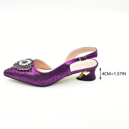 Latest Purple Italian Matching Shoes and Bag Sets Luxury Woman Pumps with Full Diamond Dual Purpose Mini Bag Wedding Shoes Bride