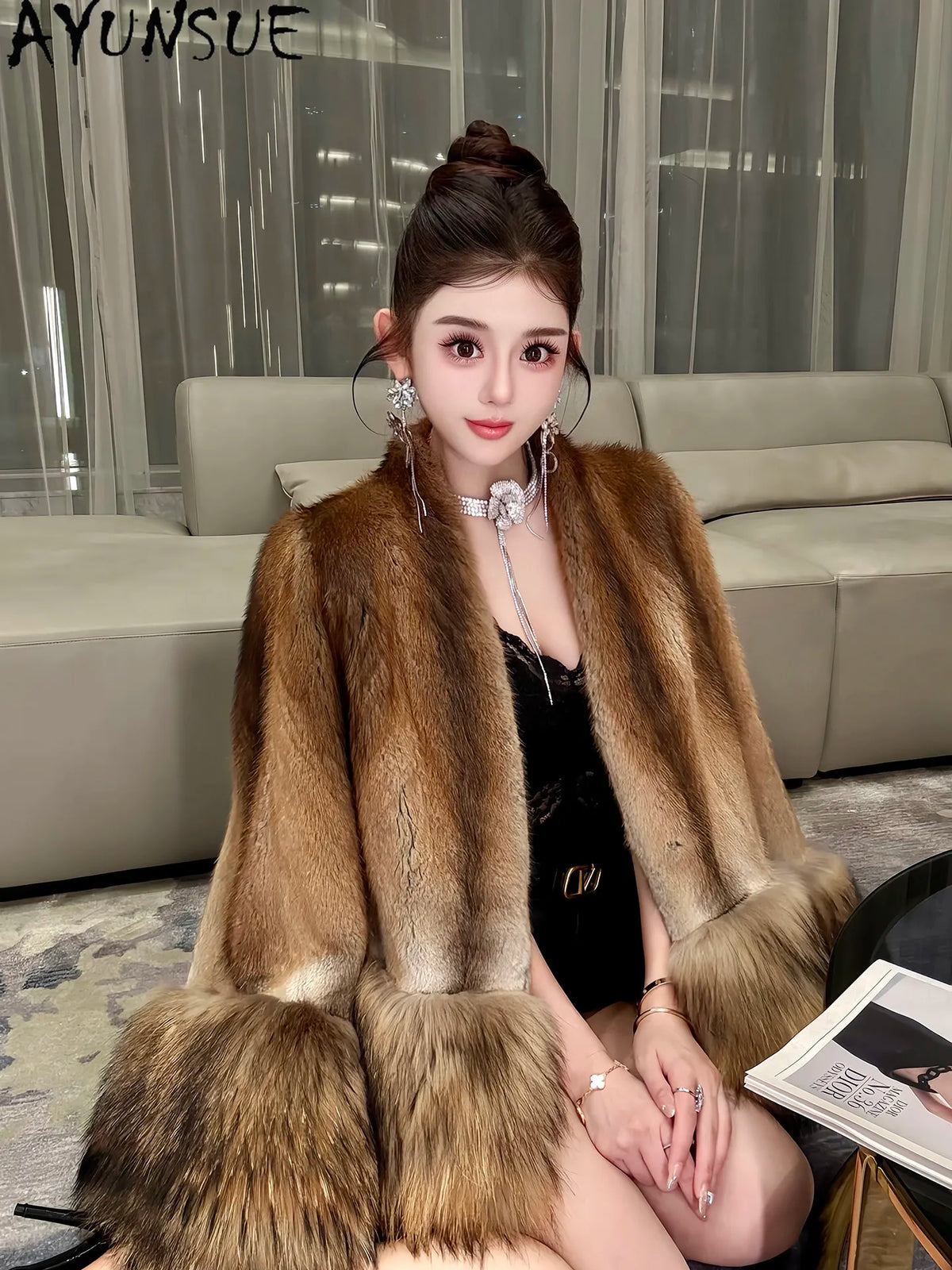 AYUNSUE Natural Mink Fur Coat Women Qinggen Whole Mink Womens Coats Winter Jacket Fashion V-neck New in Outerwears Abrigos Mujer