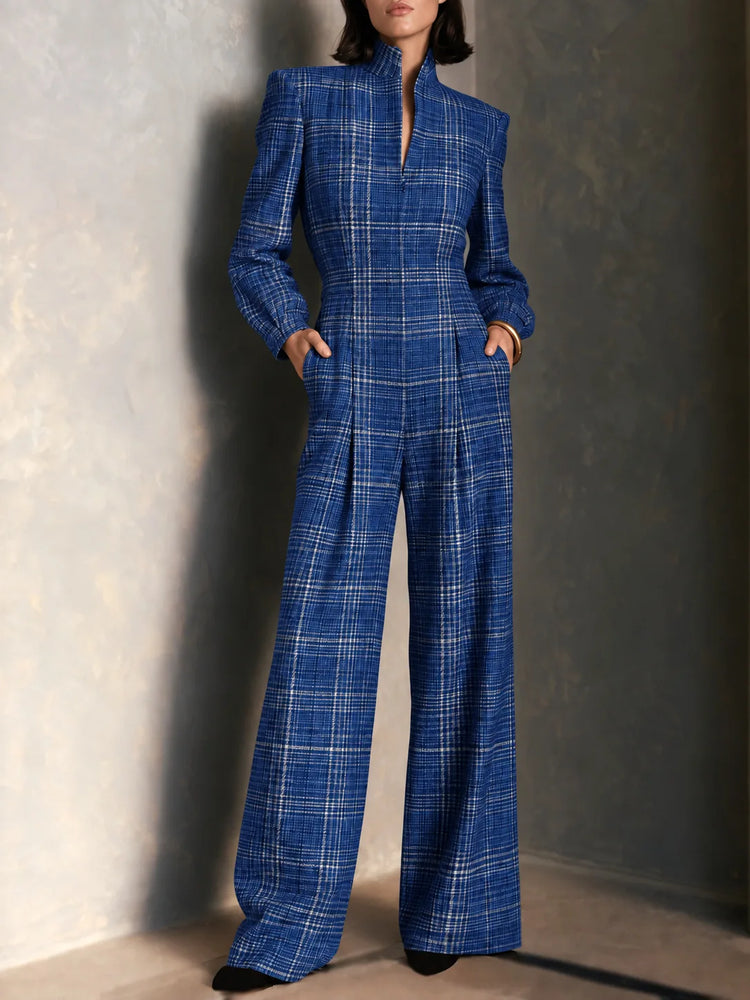 Temperament Plaid Printed Jumpsuit For Women Spring Autumn Fashion High Waist Wide Leg Romper Ladies Casual Jumpsuit With Pocket