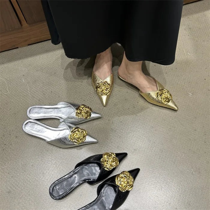 Flower Women Flats Slippers Pointed Toe Elegant Mules Shoes Fad Slingback Sandals 2025 Summer New Luxury Flip Flops Mujer Slides