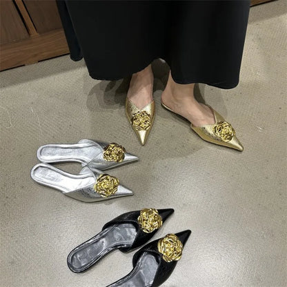 Flower Women Flats Slippers Pointed Toe Elegant Mules Shoes Fad Slingback Sandals 2025 Summer New Luxury Flip Flops Mujer Slides