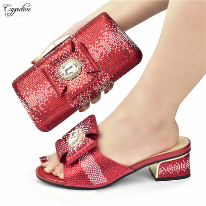 Green Women Shoes And Bag To Match Fashion African Summer Slippers With Clutch Handbag Set Pantoufle Femme Pantofole 938-43 5CM