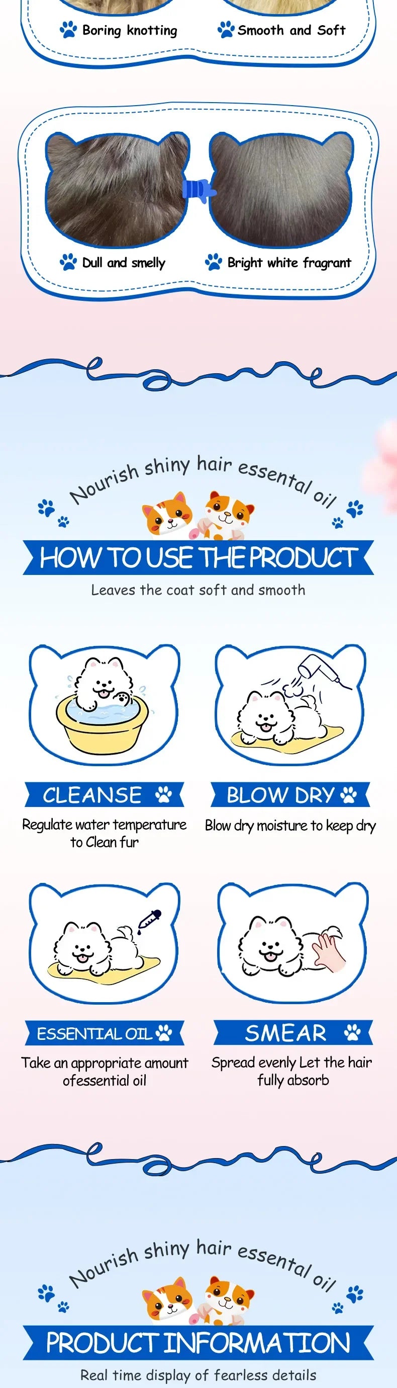 Pet dogs, cats, nourishing and brightening hair care essential oils, smooth and long-lasting fragrance, deodorizing