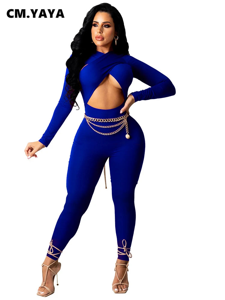 CM.YAYA Women Hollow Out Cross Sexy Party Clubwear Long Sleeve Jumpsuits 2024 Winter Autumn Street Crop One Piece Suit Rompers