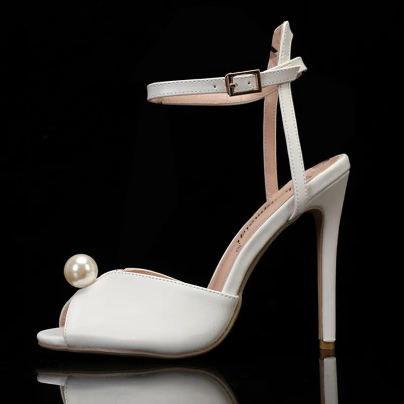 Luxury Pearls Rhinestones Peep toe Women Pumps Sandals Sexy Ankle Strap High Heels Summer Bridal Wedding Party Shoes Sandals