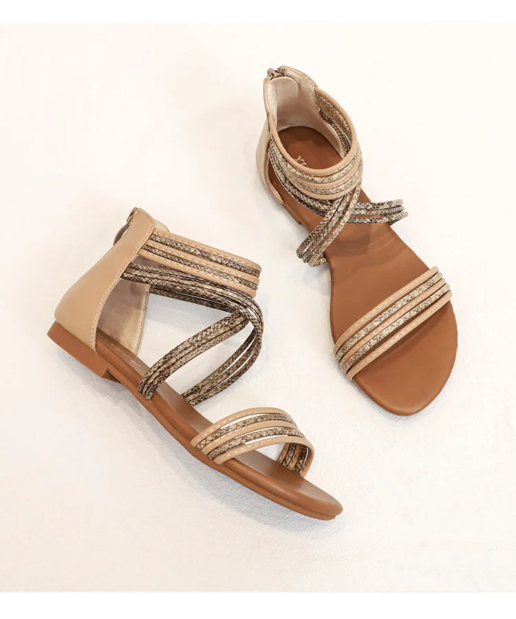 High quality leather flat sandals for women stripe zipper new summer 2026 36 42 open toe casual beach shoe black khaki brown