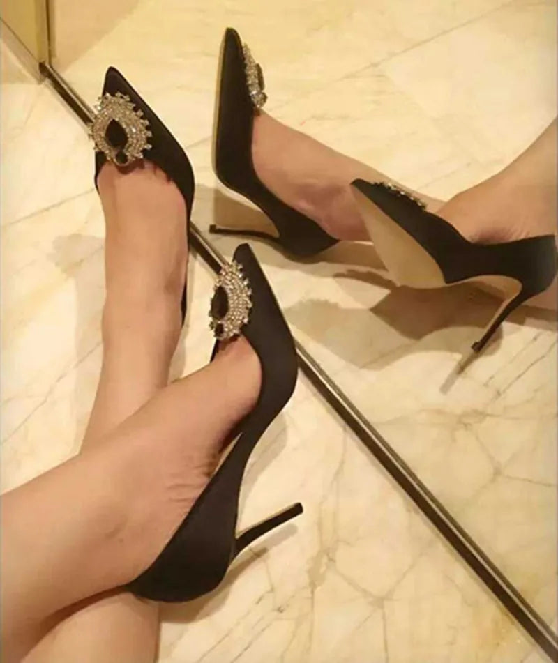 Luxury Diamond Crystal Satin Women Pumps Elegant Pointed toe Stiletto High heels Spring Autumn Fashion Wedding Banquet Shoes