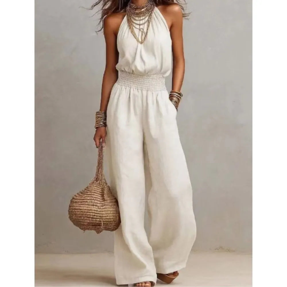 Women's Halter Neck Smocked Linen Blend Jumpsuit Waist Wide Leg Long Romper Casual Sleeveless Summer Beach Vacation Jumpsuits