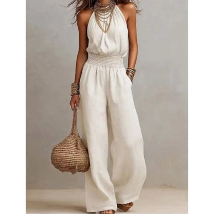 Women's Halter Neck Smocked Linen Blend Jumpsuit Waist Wide Leg Long Romper Casual Sleeveless Summer Beach Vacation Jumpsuits