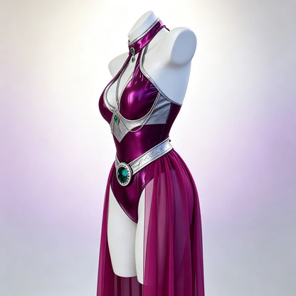 Starfire Cosplay Superhero Costume Purple Metallic Bodysuit Cape Outfit Women Cosplay Jumpsuit Halloween Party Performance Suit