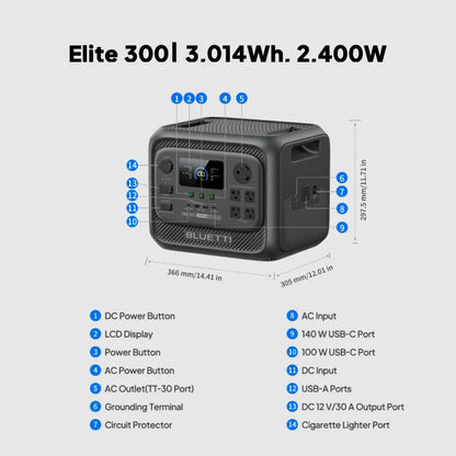 BLUETTI Elite 300 2400W 3014Wh Portable Power Station 4800W Power Lifting 10ms UPS LiFePO4 Solar Generator App Remote Control Heavy Duty Whole House Backup Power Supply for Home Blackout Household Large Appliances Refrigerato