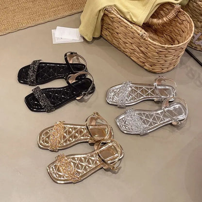 Luxury Crystal Square Toe Sandals Elegant Peep Toe Flat Slides Summer Fashionable Beach Shoes for Women