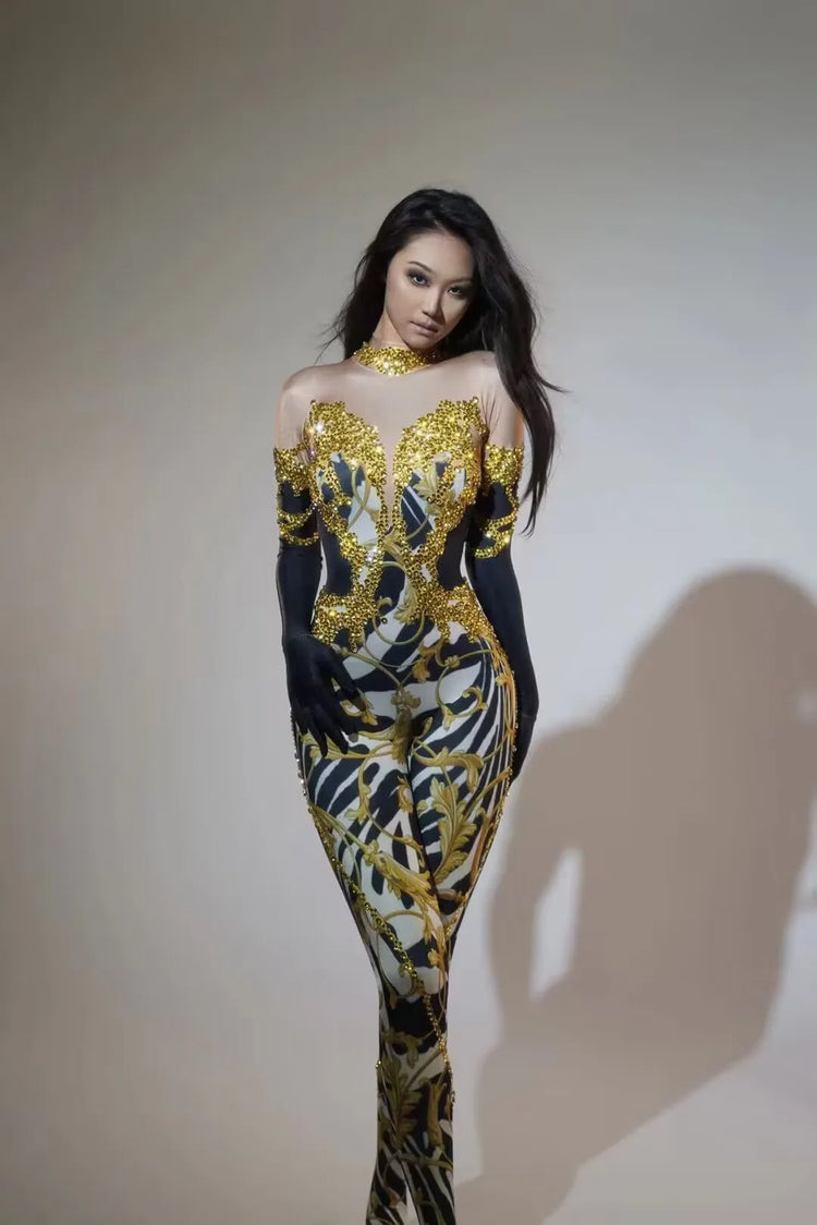 Sexy Full Diamond Long Sleeved Jumpsuit Ballroom Pole Dancer Performance Outfit Fashionable Club Suit Women's Photography
