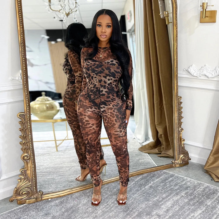HBLL Sexy Leopard Print Bodycon Jumpsuits Women Long Sleeve Skinny One Piece Rompers Midnight Streetwear Sheer Mesh Overalls