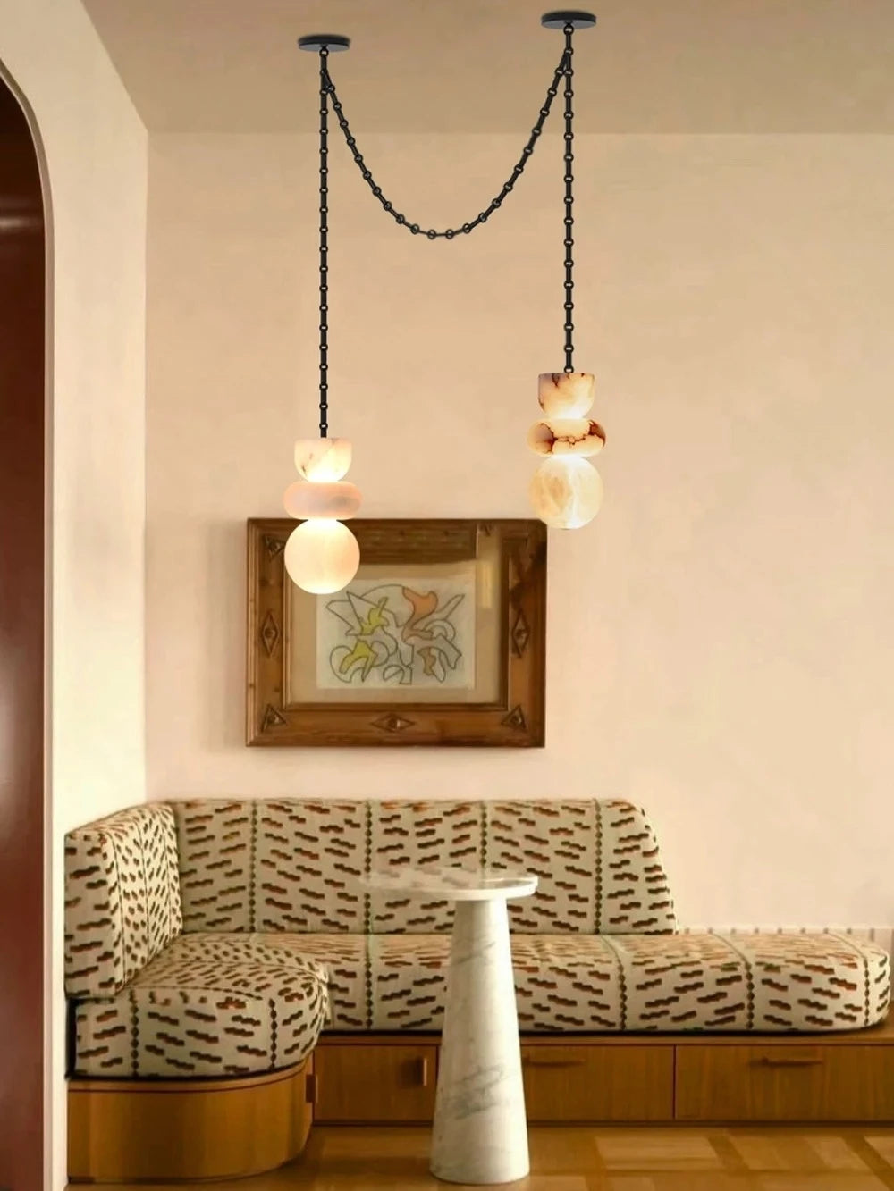 Alabaster Marble Chain Hanging Pendant Lights Collection for Dining Room Spanish Natural Marble LED Chandelier For Living Room