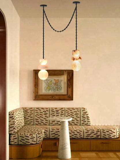 Alabaster Marble Chain Hanging Pendant Lights Collection for Dining Room Spanish Natural Marble LED Chandelier For Living Room