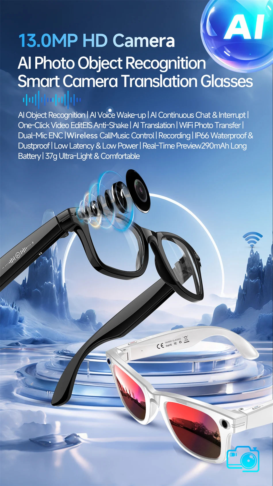 13MP HD Camera Smart Glasses AI Translation Anti-shake Photography Video Recording WIFI Transmission Bluetooth Sports Sunglasses