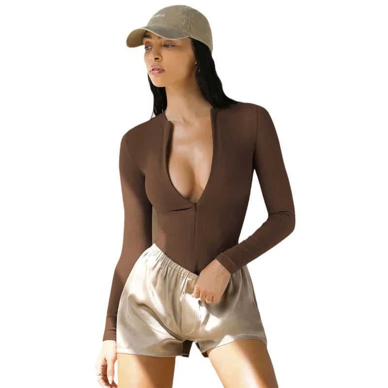 New Women's Jumpsuits Ribbed Long Sleeve Bodysuit Front Zip V Neck Bodycon Tops Stretchy Slim Fit Casual Streetwear for Daily