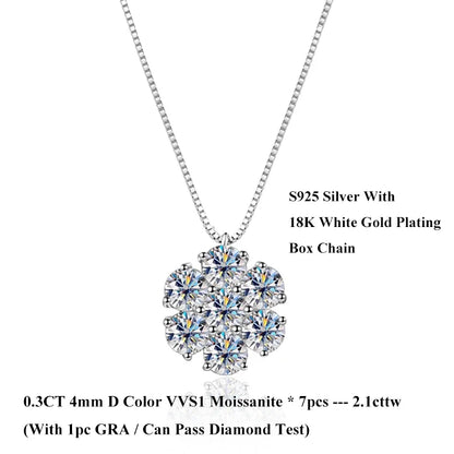 Luxu Flower Full 3/4/5mm D Color Moissanite Pendant Necklace for Woman Man 925 Silver GRA Certified 7-Stone Diamond Neck Chain