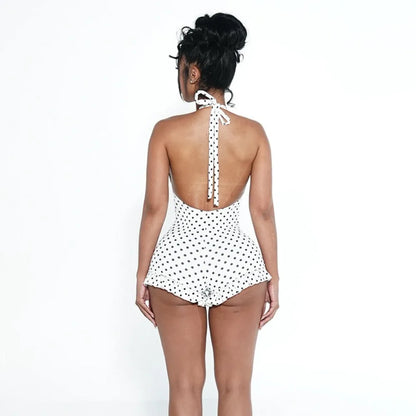 FLARORA Hottie Polka Dot Print Rompers Woman Sexy Halter V Neck Bandage Backless Skinny Ruched Playsuits Sweet Trend Streetwear