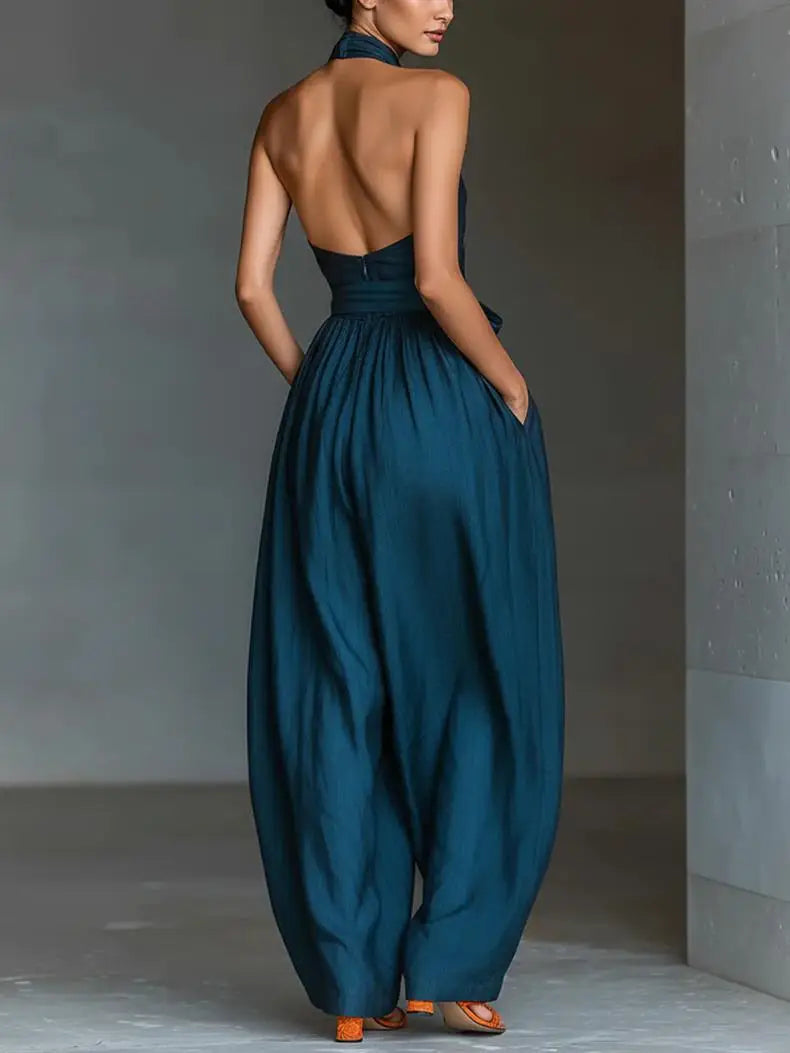 2026 High Waist Tie-up Wide Leg Pants Jumpsuit Woman Sexy Criss Cross Halter Backless Zips Romper Summer Solid Office Overalls