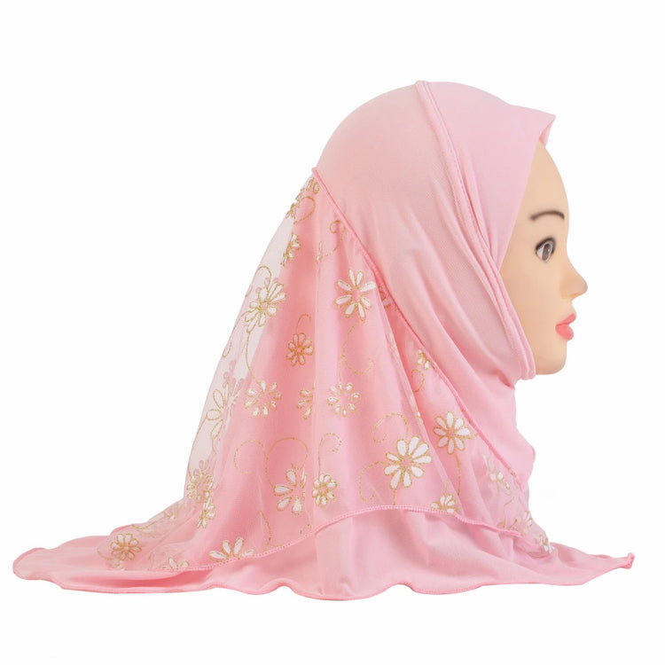 H043 beautiful small girl hijab with flower net cute hijab hats women's caps can fit 2-6 years old girls muslim baby headscarf