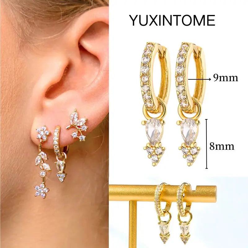 White Color Zircon Hoop Earrings 925 Sterling Silver Needle Cross/Star/Flower/Water Drop Pendant Gold Earrings Luxury Jewelry