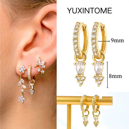 White Color Zircon Hoop Earrings 925 Sterling Silver Needle Cross/Star/Flower/Water Drop Pendant Gold Earrings Luxury Jewelry