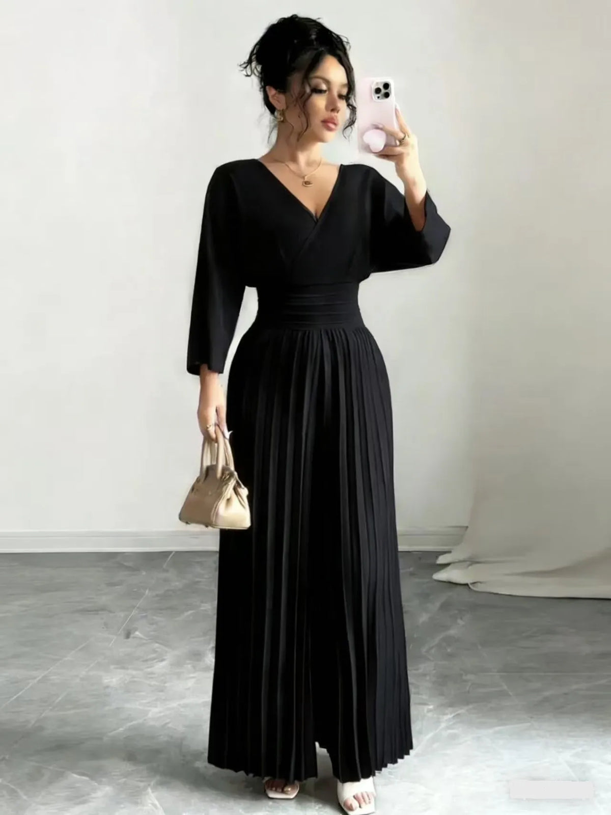 Pleated High Waist Wide Leg Capri Jumpsuits 2026 Trend V Neck Wrap Elegant Women's Palazzos White Three Quarter Long Romper