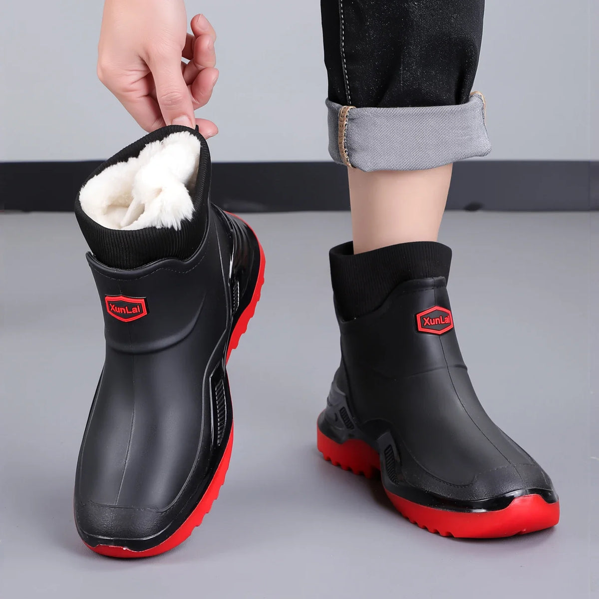 Men Women Winter Waterproof Rain Boots Fleece Warm Snow Sock Cuff Anti Slip Ankle Boots Outdoor Work Garden Shoes Size 36-46