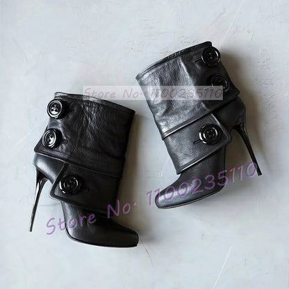 Button Decor Foldover Ankle Boots Female Chic Leather Splicing Pointy Toe High Heels Shoes Patchwork Slip On Sexy Stiletto Boots