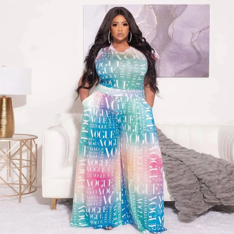 Loose Women's 2025 Summer Wide Leg Pants Letter Printed Short Sleeves Bubble Sleeves Large Size Jumpsuit