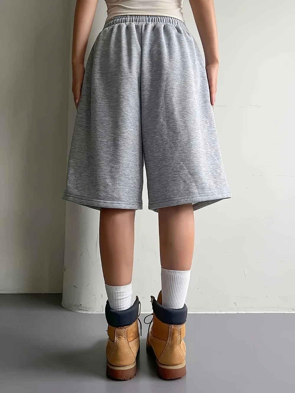 Women'S Casual Athletic Shorts Elastic Waist Wide Leg Straight Bermuda Shorts Mid-Length Loose Drawstring Shorts