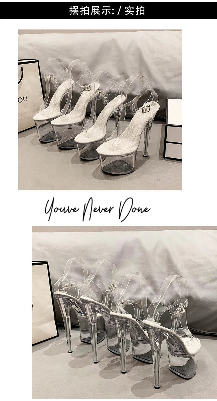 15cm 17cm 20CM High Heels Women's Sandals Anti-Skid Sexy Pole Dance Shoes Thin Heel Transparent Platform Female Party Sandals