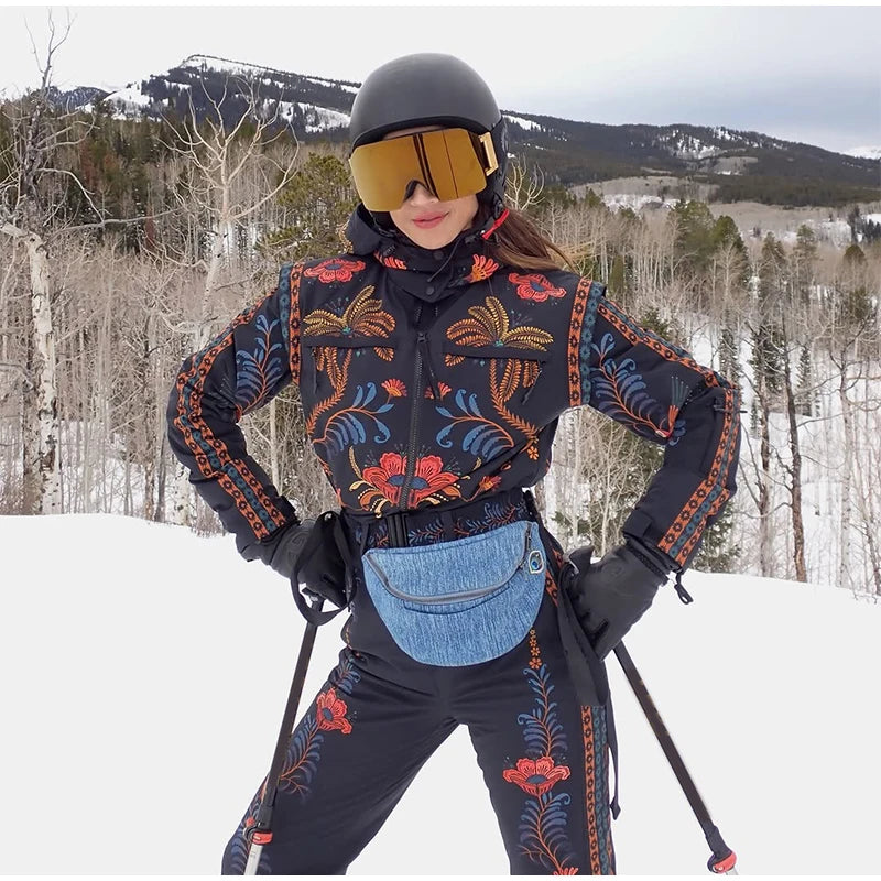 Floral Print One Piece Ski Suit Fashion Hooded Waterproof Thermal Snowboard Jumpsuit 2026 Winter Outdoor Windproof Snow Outfit