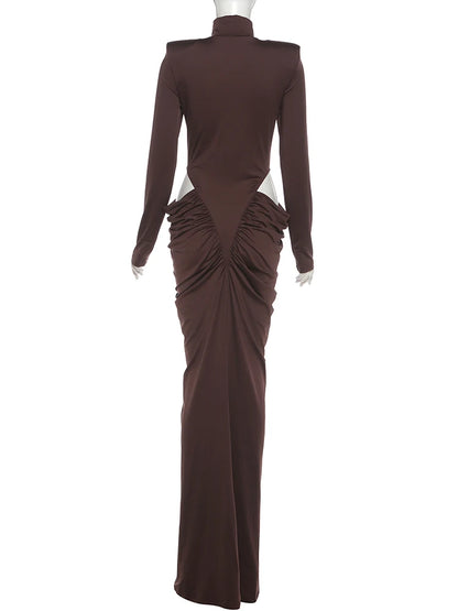 Nibber Hipster Waistless Ruched Elegant Dress Woman Autumn Style Turtleneck Full Sleeve Hollow Design Prom Party Long Bodycon