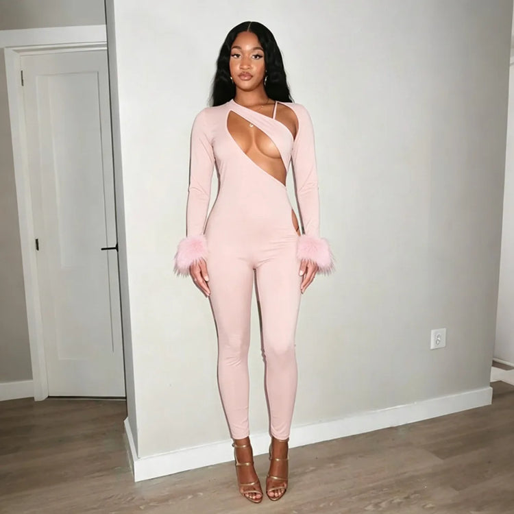 FLARORA Sexy Hollow Out Jumpsuits Woman Faux Fur Patchwork Skew Neck Full Sleeve Backless Skinny Peach Hip Party Club Overalls